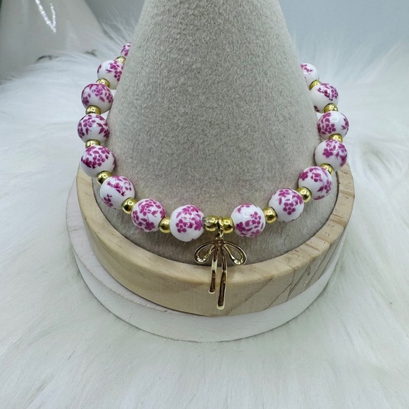 Pink Chinese-Style Ceramic Floral Beaded Stretch Bracelet w/ Bow Charm - Picture 3 of 5